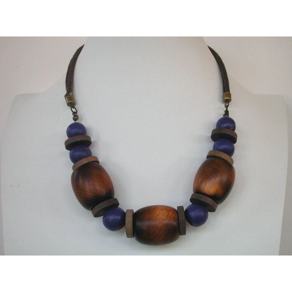 Wood Brown & Purple Beaded Necklace 16" with 3"extension